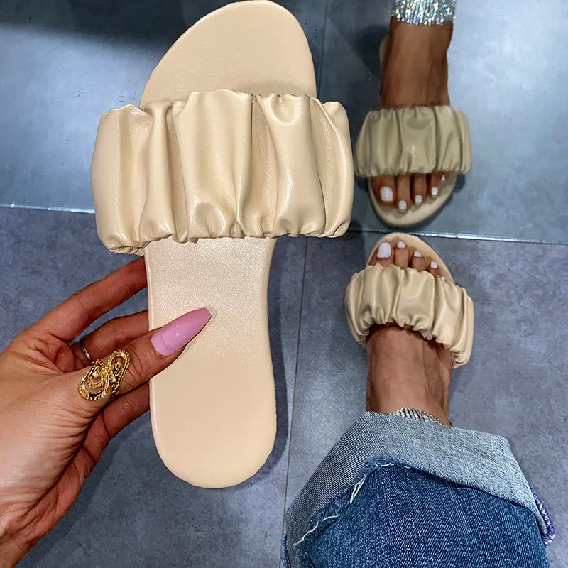 Plus Size Brand Design Women Falt Heels Slipper Summer 2021 Fashion Leather Sildes Ladies Mules Shoes Sapatos De Mujer