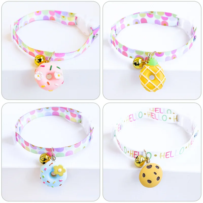 

Cat Dog Cute Donut Pendant Decoration Collar Adjustable Safety Buckle Collar with Bell Polyester Pet Accessories for Kitten Dog
