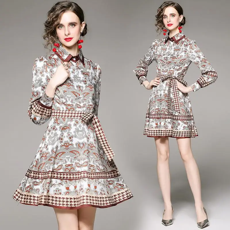 

Sweet Teen Girl Long Sleeves Summer Vestidos Skinny Comfortable Mini Office Lady Dresses Special Pattern Prined Ethic Skirts