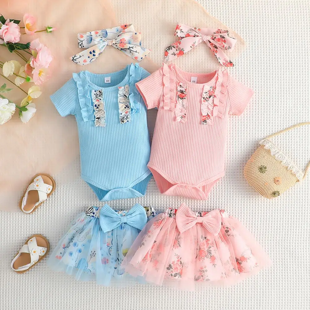

2023 Summer Newborn Baby Girl Clothes Set Short Sleeve Ruffle Romper Tops Floral Print Skirts Headband Infant 3Pcs Outfits 0-24M