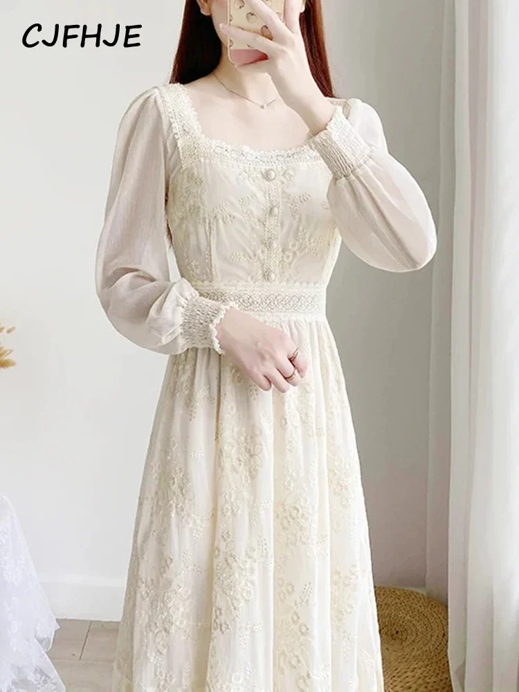 CJFHJE абрикосовое милое мягкое кружевное миди-платье на пуговицах с вышивкой