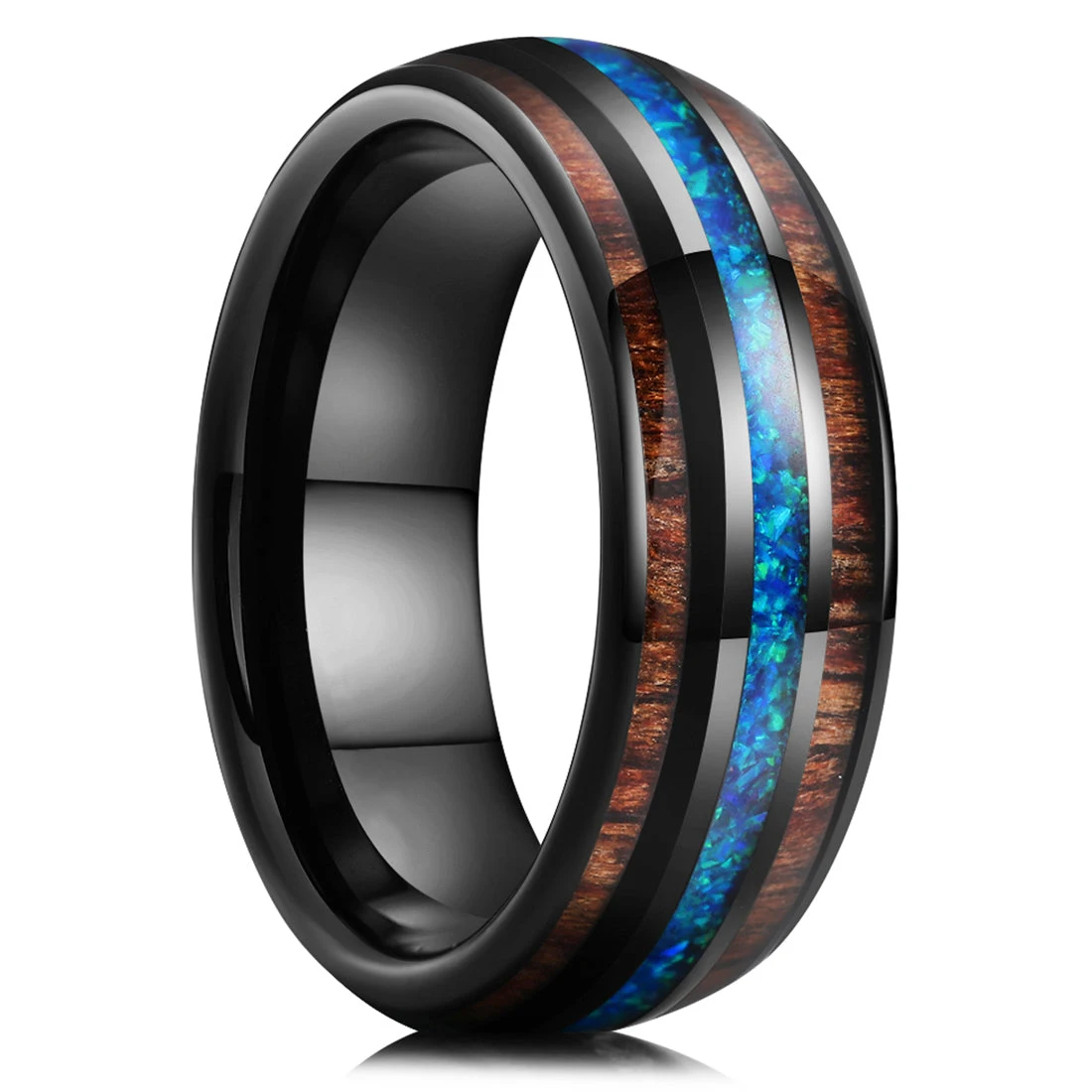 Fashion 8mm Hawaiian Koa Wood Titanium steel Rings For Men Women WIth Blue Fire Opal Ring Men Wedding Band Jewelry Drop Shipping