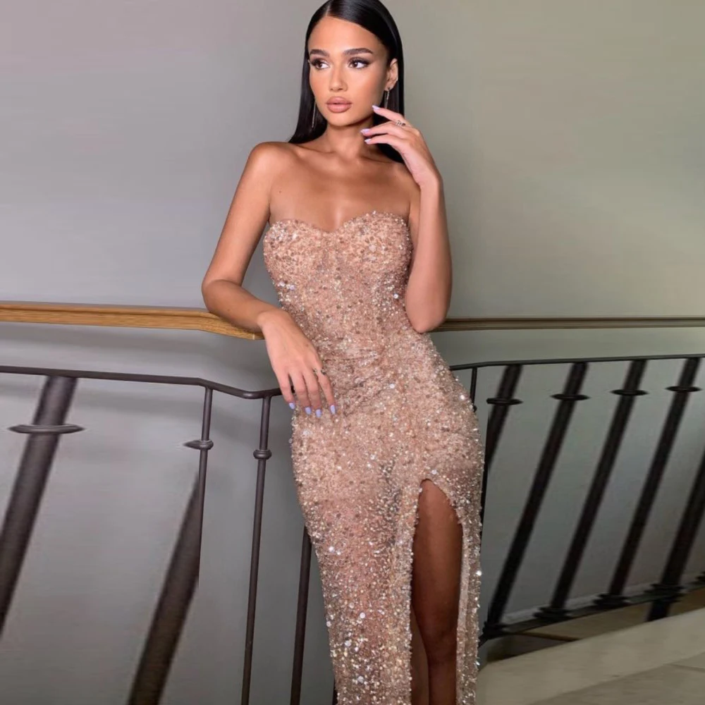 

Sequin Prom Dress for Women 2023 Sweetheart Sleeveless Sexy Prom Gown Long Thigh Slit Backless Strapless Formal Party Dress Long