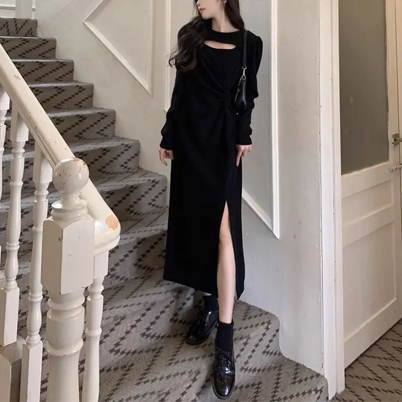 Осенне-зимние платья с вырезами женская одежда на талии модное однотонное