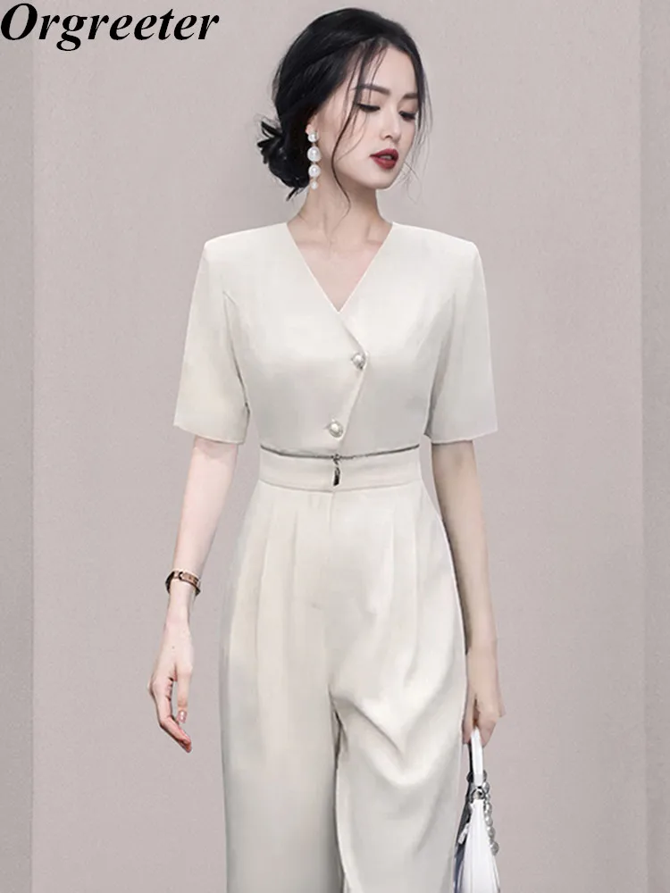 

Элегантный офисный комплект из двух предметов, женская одежда, шикарный короткий комбинезон с V-образным вырезом, женские летние комбинезоны на молнии, длинный комбинезон макси, 2023