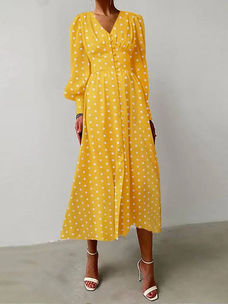 

2022 Celmia Sexy V Neck Party Dress Bohemian Elegant Single Breasted Polka Dot Midi Vestidos Casual Puff Long Sleeve Robe Femme