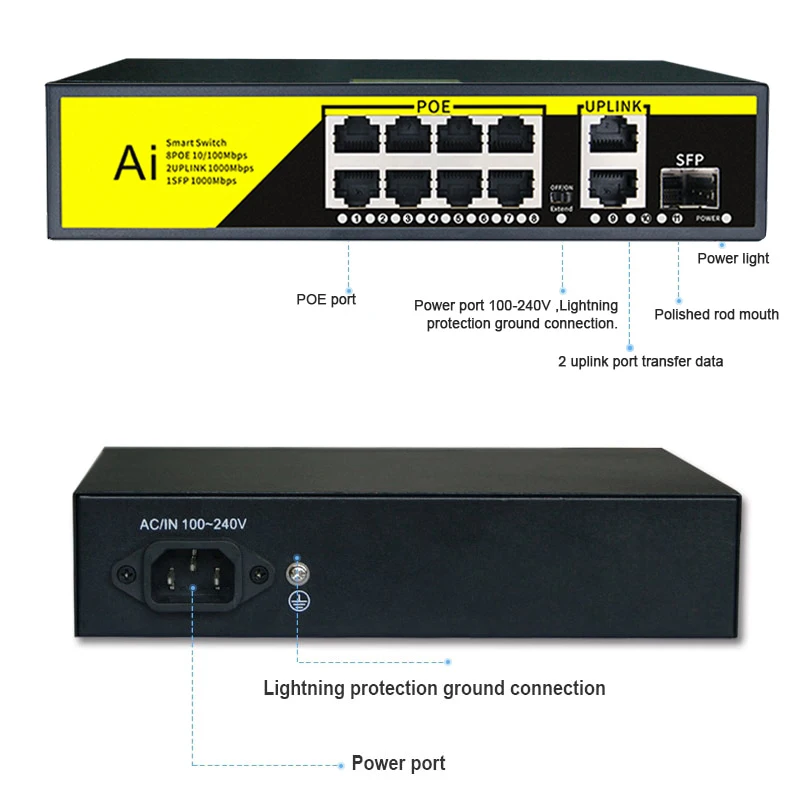 KuWFi 11-портовый гигабитный коммутатор POE 100/1000M 8 + 3-портовый сетевой Poe-коммутатор 48V