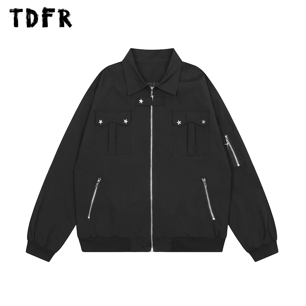 

Куртка мужская с декоративными звездочками, однотонная Повседневная Свободная Осенняя верхняя одежда на молнии, с воротником-стойкой, длинным рукавом