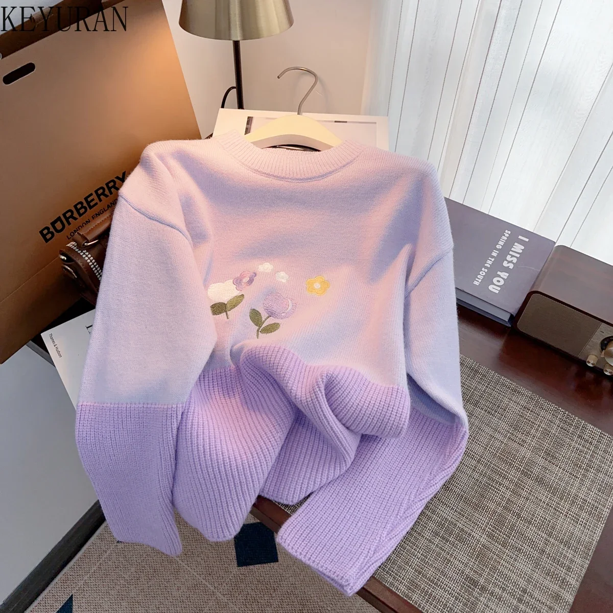 

Женский свитер с цветочной вышивкой, свободный трикотажный пуловер с круглым вырезом и длинным рукавом, Осень-зима 2024