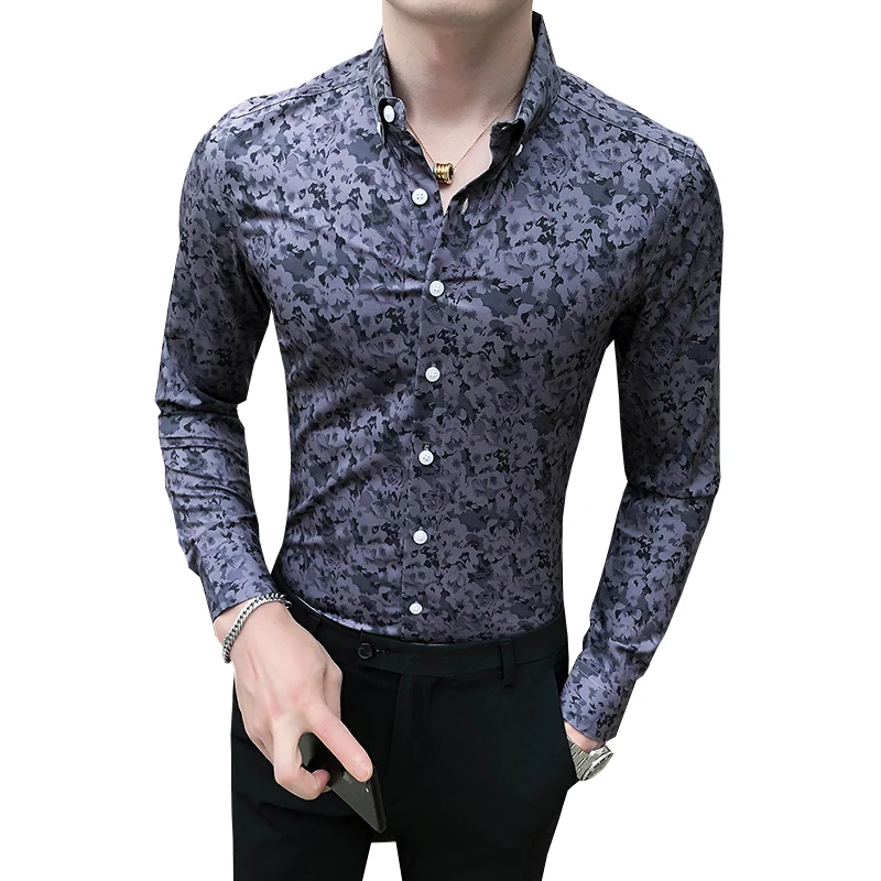2022 Floral Printed Long Sleeve Shirts for Men Slim Fit Streetwear Casual Shirt Business Social Party Tuxedo Blouse Men Clothing