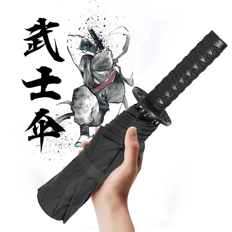 

2023 New Creative Three fold Automatic Samurai Knife Umbrella Handle Advertising Umbrella Sword Umbrella Black Samurai Anime