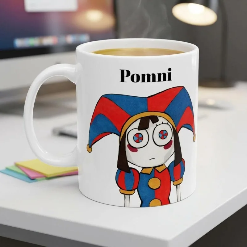 Фото Керамическая кружка для кофе TADC DHMIS Pomni Jax, 11 унций, белая, с мультяшным минималистичным дизайном, для повседневного использования, с цитатой на обратной стороне, с подвеской-фанатской символикой, аниме-подарки №2