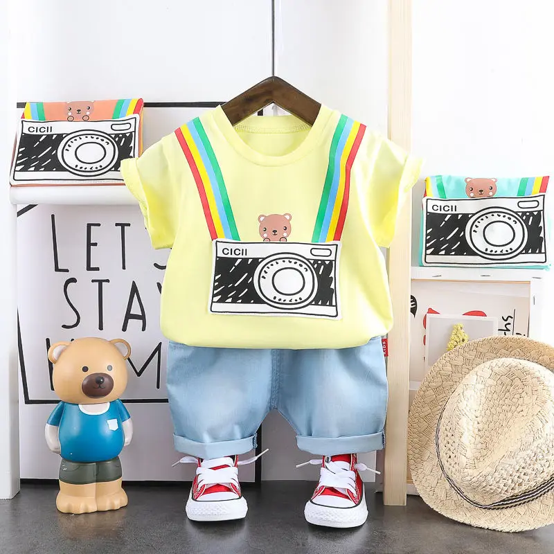

Summer 100% Cotton Children's Clothing Camera Print Clothing Sets O-neck T-Shirt+Shorts Baby Boys Clothes 2 Pcs Kids Boy Clothes
