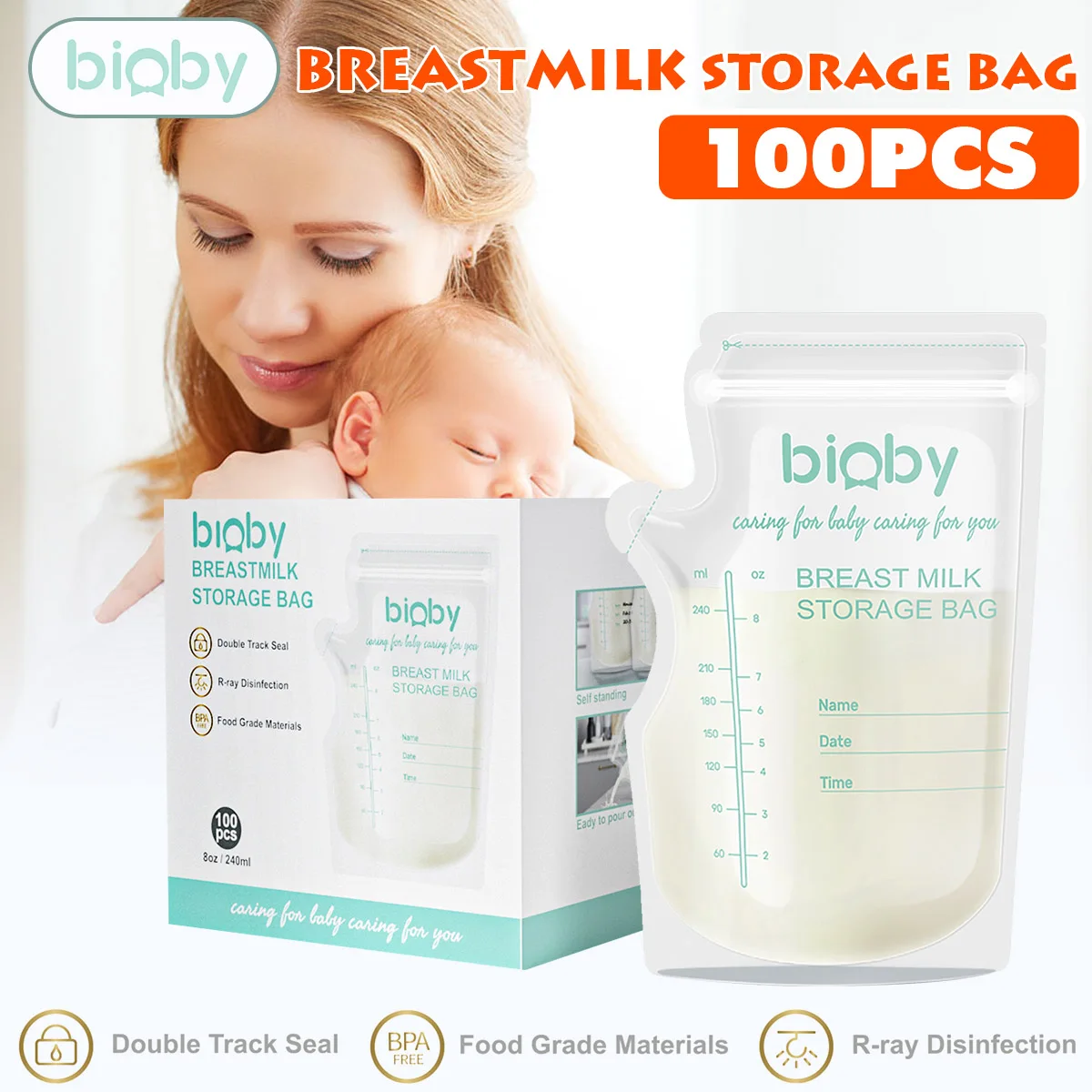 

Bioby 100PCS Breastmilk Storage Bags 240ml Milk Freezer Bags for Long Term Breastfeeding Storage BPA Free Safe Feeding Bags