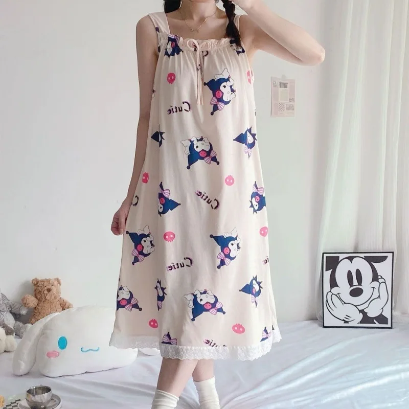 

Sanrio Cute Cartoon Cinnamoroll Kuromi Sling Nightdress Summer Pajamas Kawaii Anime Loose Thin Section Breathable Home Service