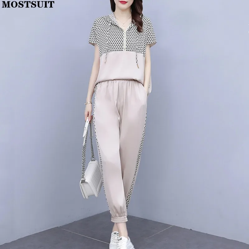 

L-5xl Casual Loose 2 Piece Pant Sets Tracksuits Hooded Tops + Jogger Pants Printed Sport Fashion Female Pant Sets 2022