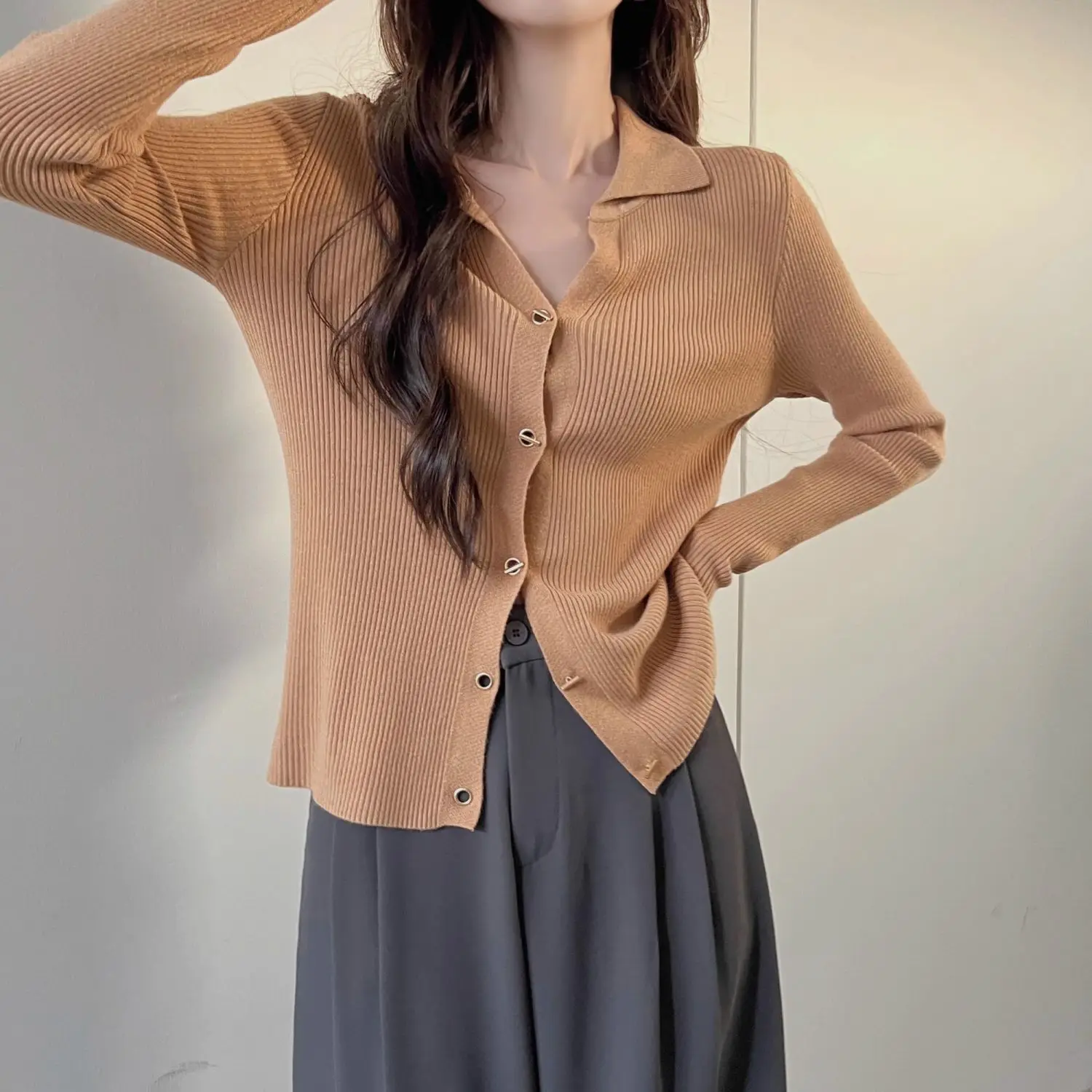 Повседневный Ретро-свитер с воротником-поло Однорядный трикотажный свитер