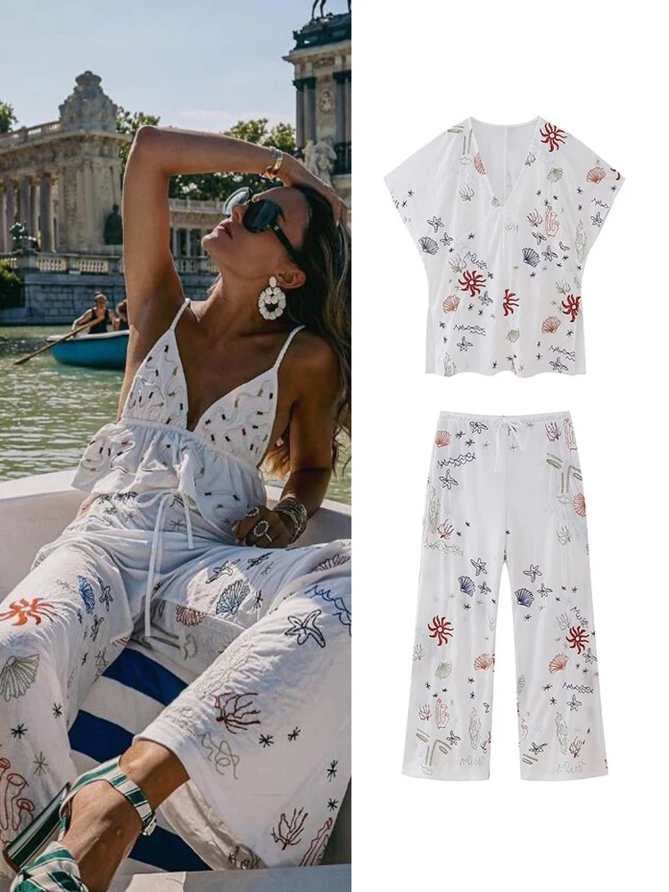 

Embroidered Pants Sets Summer New V Neck Short Sleeve Blouse Tops+drawstring Wide Leg Pant Elegant Fashion 2 Piece Set For Women