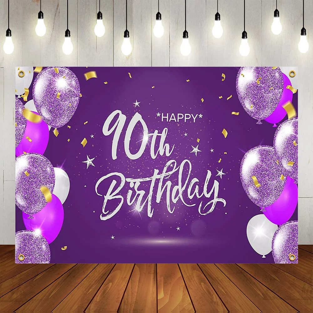 

Happy 90th Birthday Party Backdrop Men Women Purple Gold Spangle Shining Stars Photography Background Anniversary Decoration