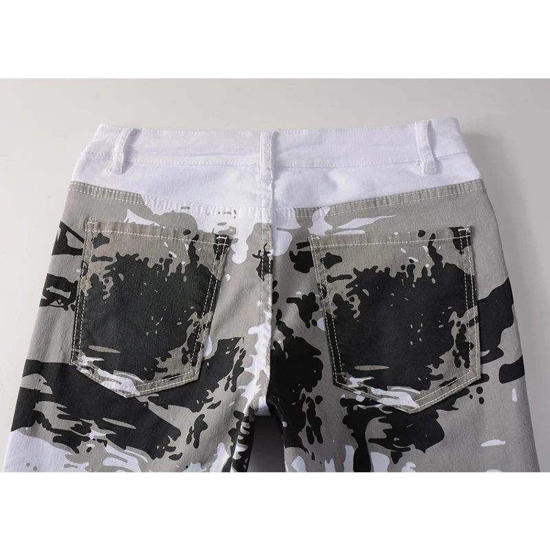 2023 Spring White Camouflage Print Jeans Men Stretch Slim Straight Denim Trousers Fashion Trend Long Pants High Street Jeans