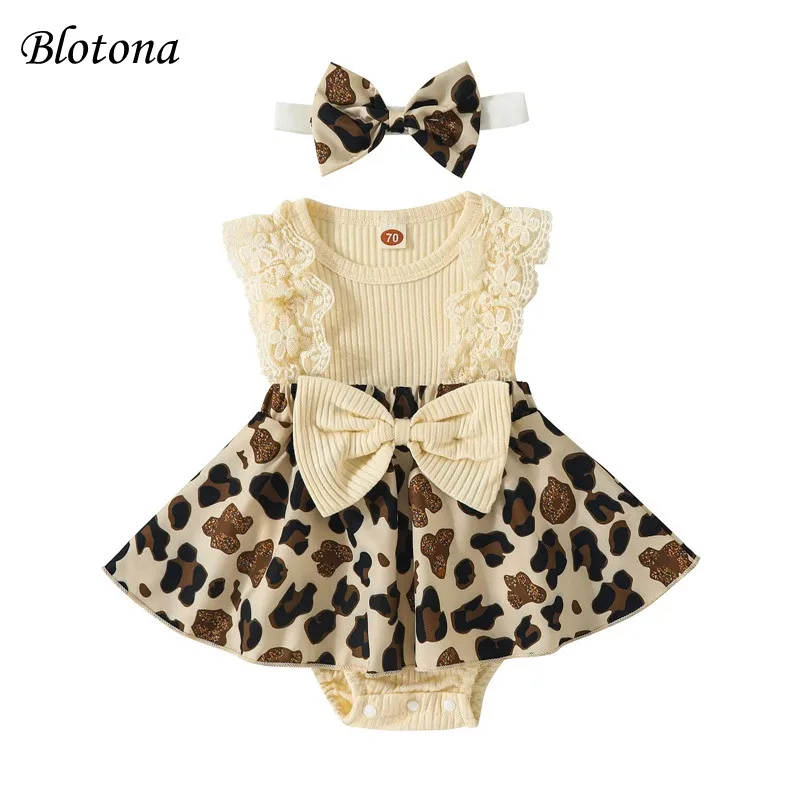 

Blotona Baby Girl 2Pcs Summer Outfits, Lace Fly Sleeve Leopard Print Romper Dress with Headband Set 0-18Months