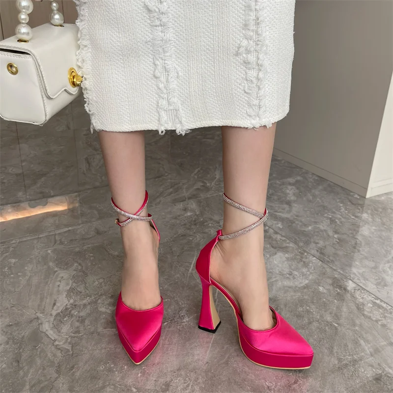 

13cm White High Heels Women Rhinestone Cross Ankle Chunky Platform Shoes Spring Designer Evening Dresses Shoes Ladies Pumps