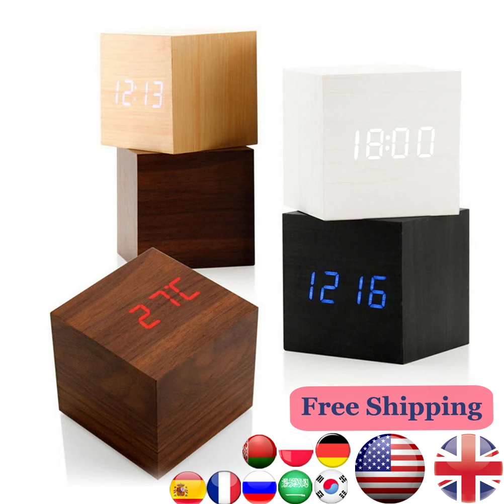 

Wooden LED Alarm Clock Desk Decor USB/AAA Digital Clock Thermometer Watch Voice Control USB Digital Electronic clock Table Decor
