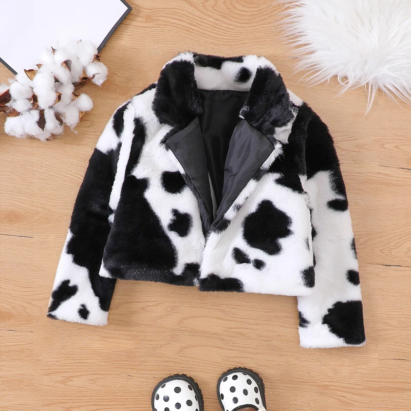 

Пальто из искусственного меха для маленьких девочек коллекция 2023 года, Осенняя детская одежда меховые куртки с принтом коровы для девочек Детская короткая верхняя одежда пальто с отложным воротником