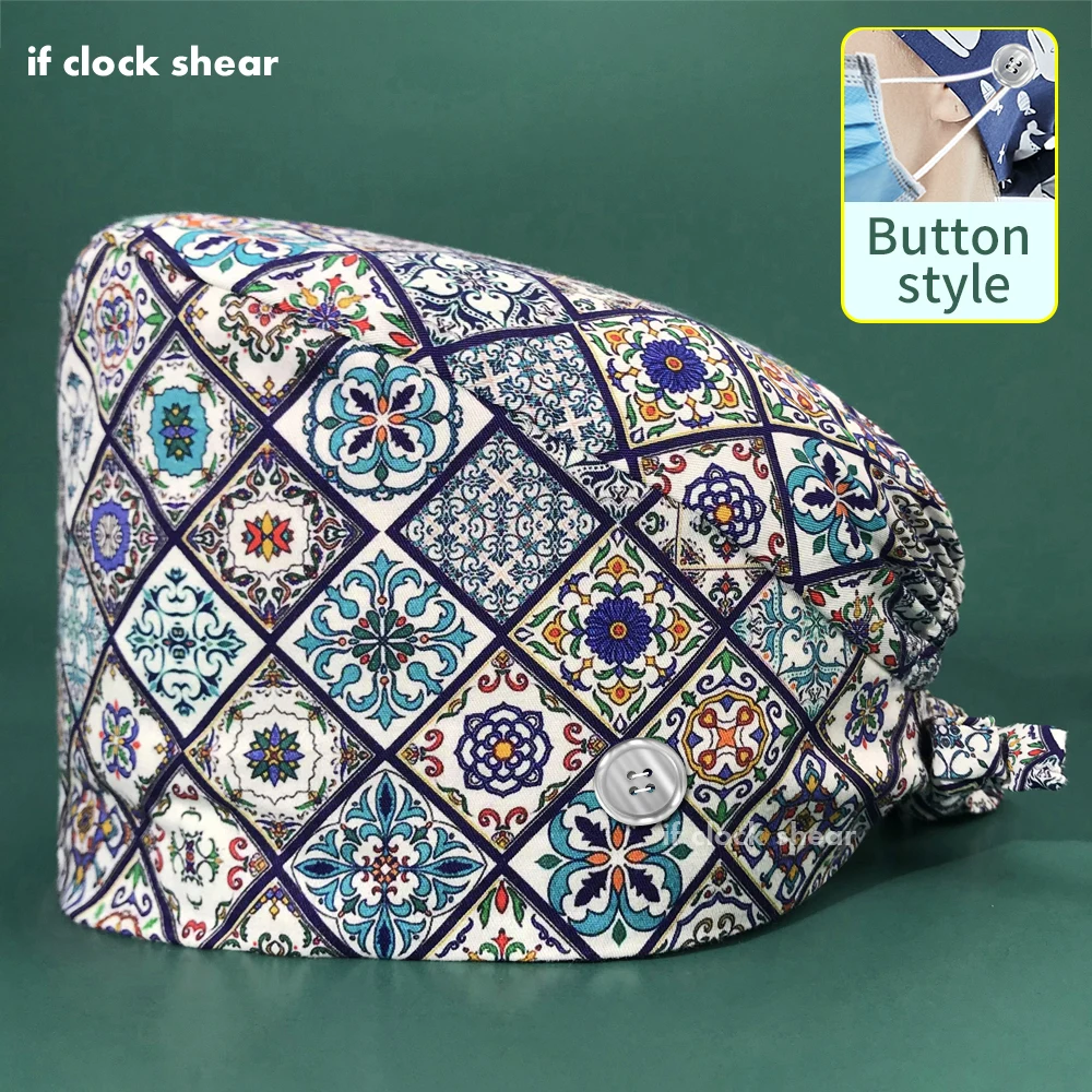 

Unisex Cotton Adjustable Nurse Hats Print Scrubs Women Cap High Quality Nursing Work Hat Tieback Elastic Pet Grooming Doctor Cap