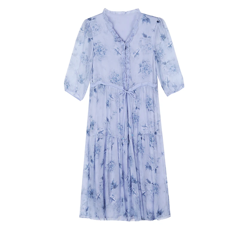 Женское платье-миди из шелка тутового шелкопряда с цветочной вышивкой