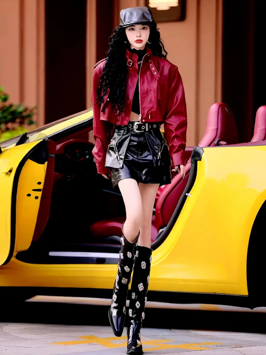 Короткое кожаное пальто с красным воротником-стойкой American Gyaru верхняя одежда для