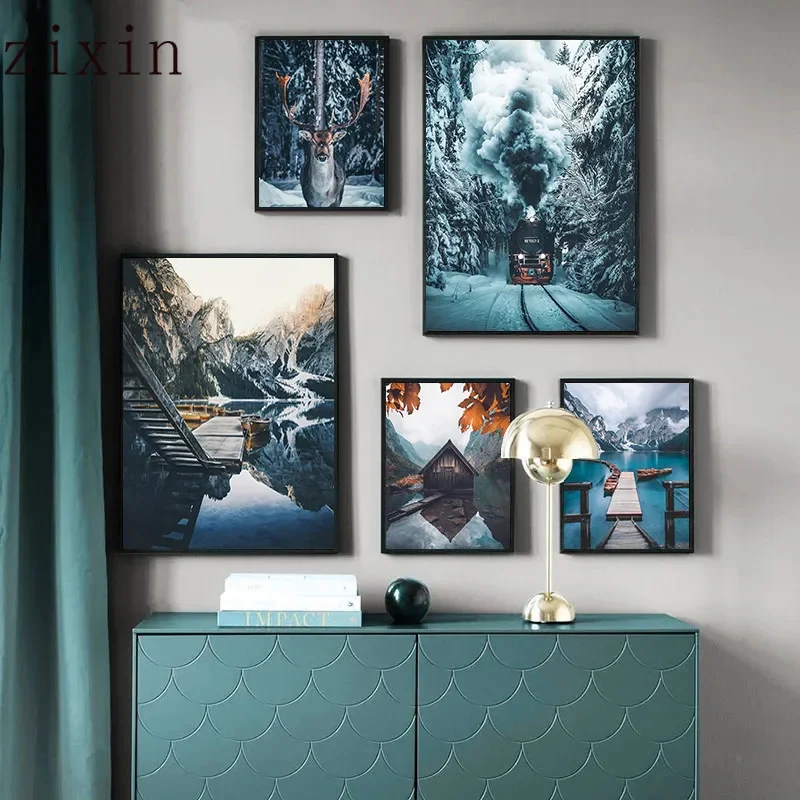 Скандинавский лес снежный пейзаж холст с принтом постер животными оленем озером