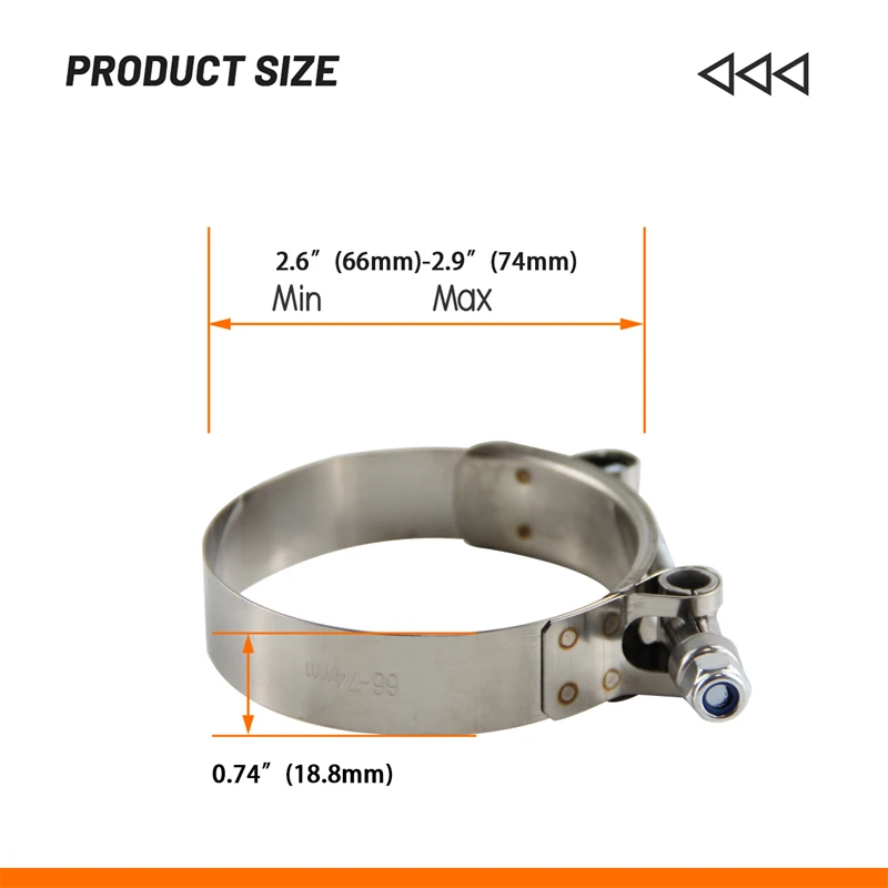 

T Bolt 304 Stainless Steel Clamps x 4 Pcs For 64mm 2 1/2" 64mm-74mm OD Hose