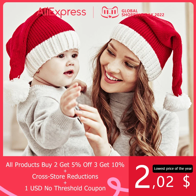 

Fur Ball Christmas Parent-Child Hat Soft Pompon Red Beanies Santa Cap Winter Warm Knitted Bonnet Navidad Natal Noel Party Decor