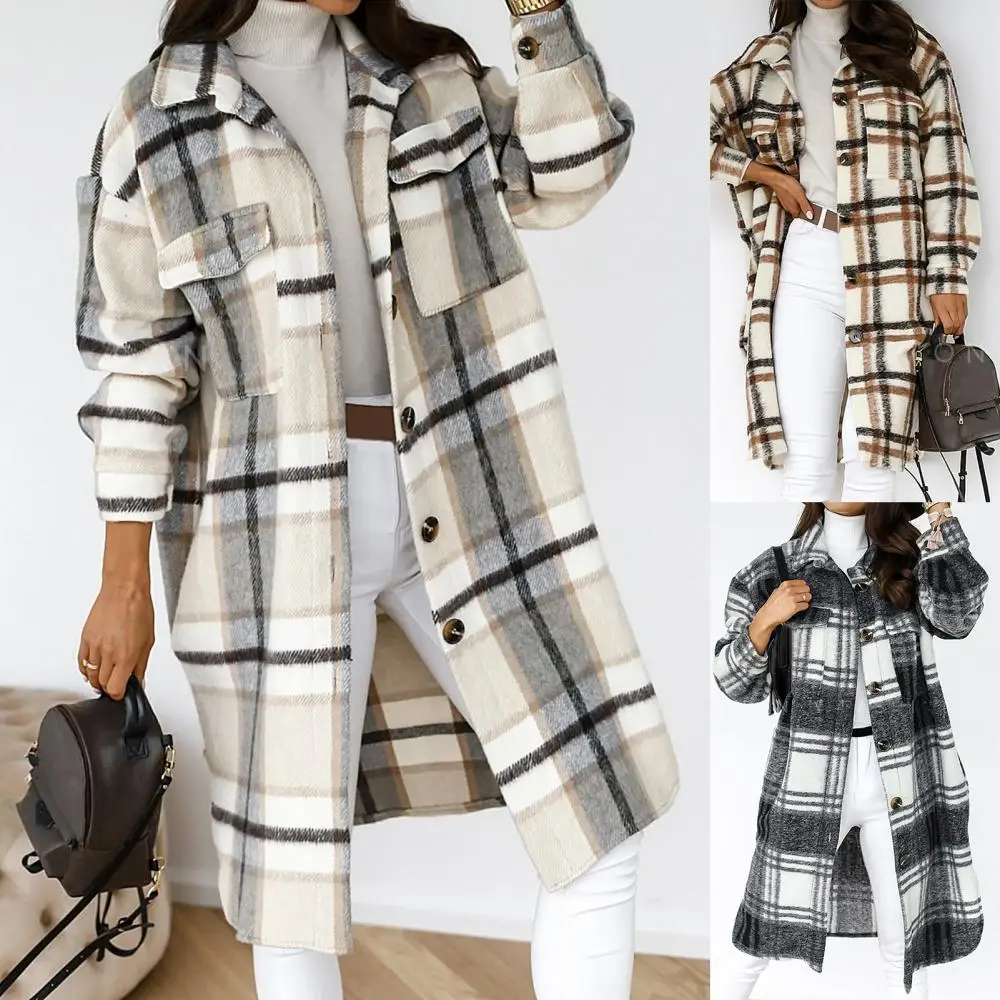 

2021 New Autumn Winter Women Plaid Buttons Long Sleeve Lapel Jacket Knee-length Loose Overcoat Female Long Sleeve Blouses Top