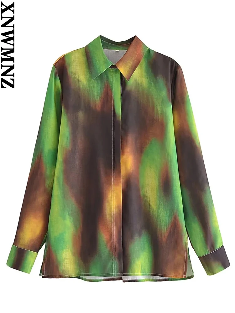 

XNWMNZ 2022 Women Fashion Linen Blend Tie-Dye Gradient Shirt Woman High Street Casual Long Sleeve All-match Female Chic Blouse