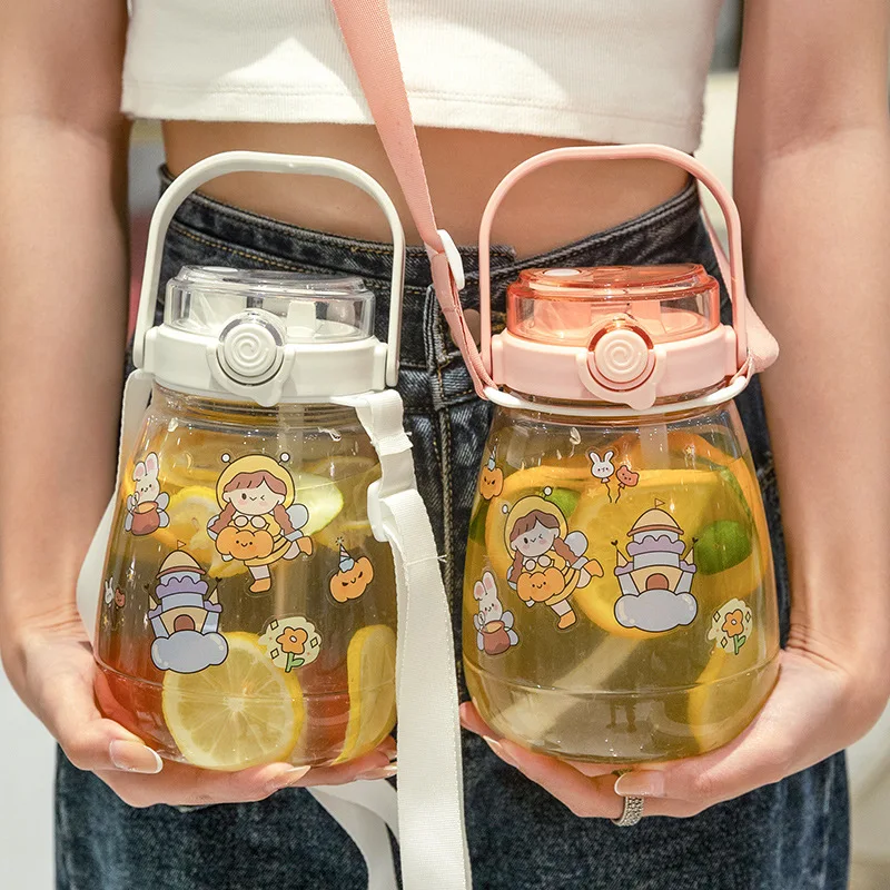 

1300 ML Large Capacity Outdoor Sports Water Bottle With Straw Strap Creative Cute Sticker Portable Plastic Kids Sippy Water Cup