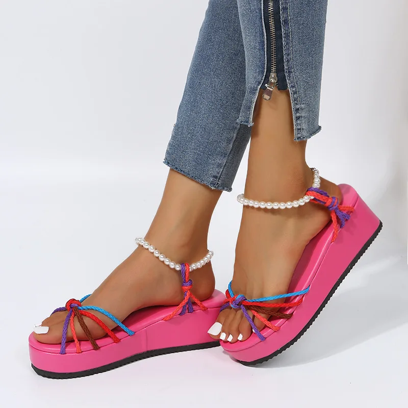 

Summer Platform Sports Sandals 2022 Fashion Women's Braided Beaded Strap Sandals Wedges Women Open Toe Plus Size 43 Shoes