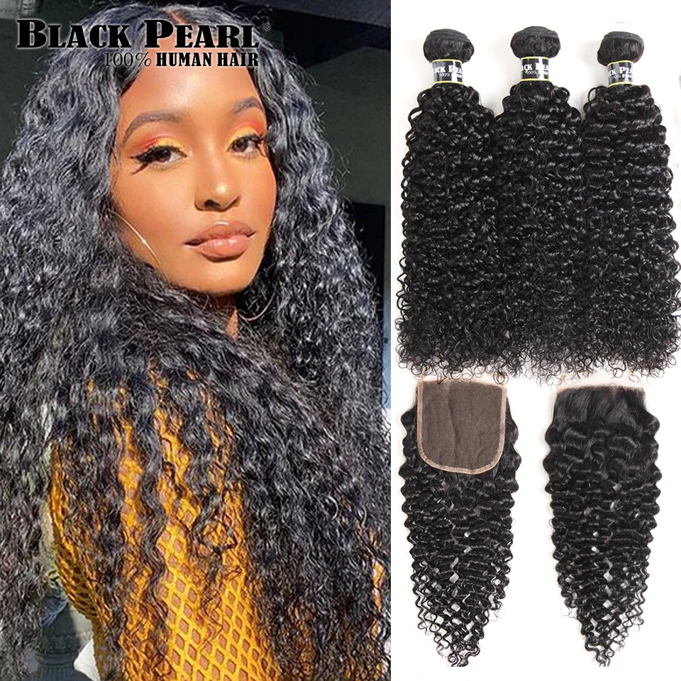 Black Pearl  Kinky Curly 3 Bundles With Closure Remy Human Hair Weave Extensions Brazilian Curly Hair Bundles With Closure