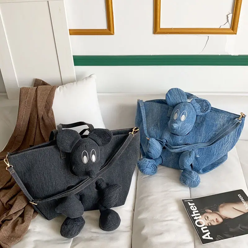 

Disney Women's Bag Denim Canvas Solid Mickey Mouse Handbag Luxury Commuter Women's Tote Bag Large Capacity Shoulder Bag