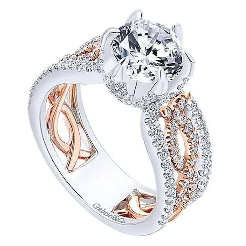 

Fashion Two-Tone Flower Full Crystal Zircon Rose Grid Ring For Women Engagement Wedding Party Rings Jewelry Size 5-11