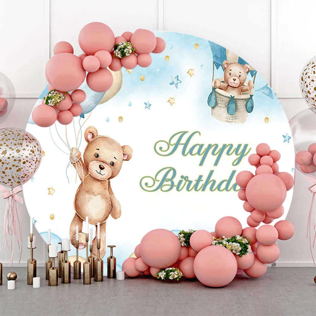 

Happy Birthday Round Backdrop Bear Balloon Party Decor Photography Background Portrait Photocall Photo Studio Photographic Prop