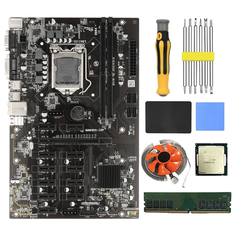 B250 BTC Mining Motherboard With G3900 CPU+8G DDR4 RAM+120G SSD+Fan+Thermal Pad+Screwdriver 12 PCIE Slot LGA1151 SATA3.0