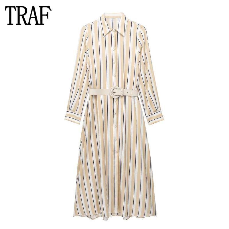 

TRAF Striped Shirt Dress Woman Belt Office Long Dresses for Women Long Sleeve Midi Female Dress Collared Summer Dress Women 2023