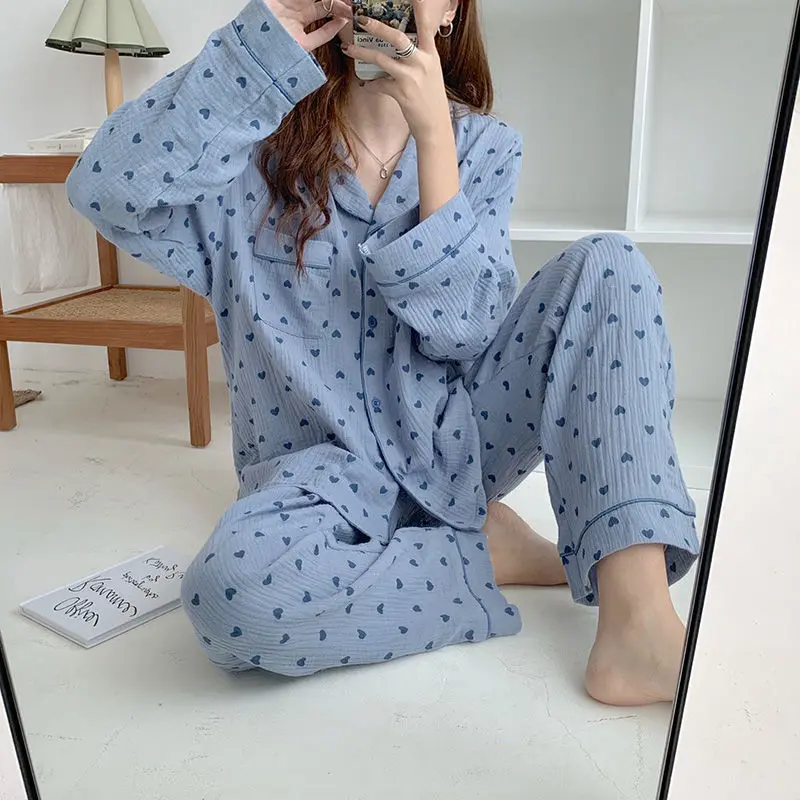 QWEEK Cotton Sleepwear Korean Pajamas Women Autumn Cute Heart Print Pyjamas Long Sleeve Pijama Female Set Negligee Cardigan Suit