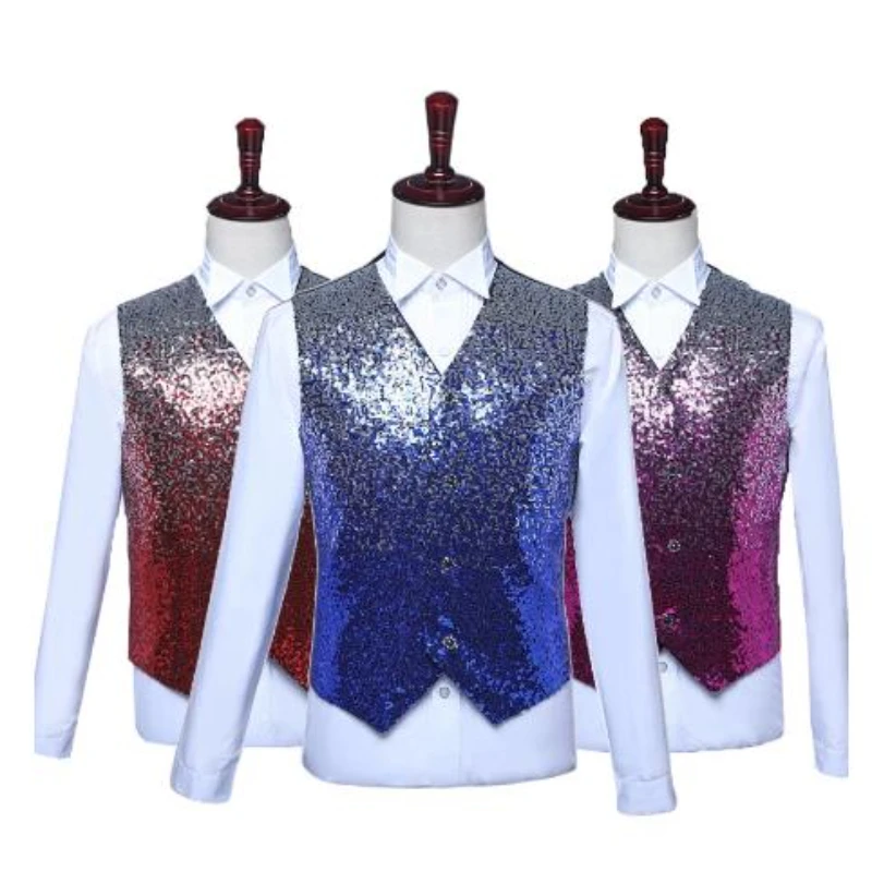 

Mens Royal Blue Sequin Vest Slim Fit V Neck Male Shiny Paillette Glitter Waistcoat Luxurious Wedding Groom DJ Singers Costumes