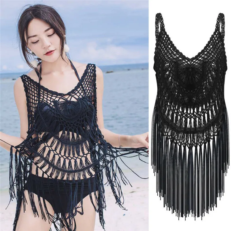 

Summer Women Sexy Beach Dress Sleeveless See-Through Knitted Crochet Belt Cover Up Swimwear Sundress Ladies Strap Beachdress