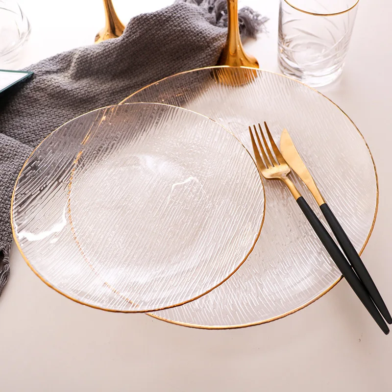 

Creative Gold Edge Transparent Hammer Eye Pattern Glass Plate Western Food Plate Steak Plate Table Mat Plate Household Fruit