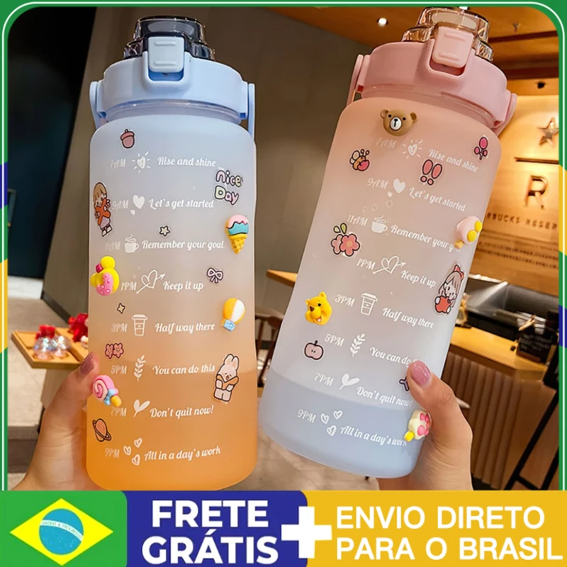 

2L Large Capacity Water Bottle Straw Cup Gradient Color Plastic Water Cup With Time Marker Outdoor Fitness Sports Bicycle Bottle