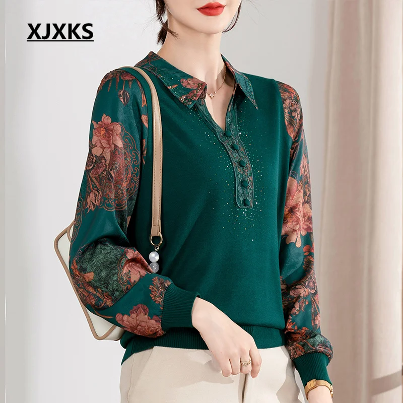 

Осень 2022, новинка, женский тонкий свитер XJXKS с лацканами, модный шерстяной вязаный пуловер с шифоновым рукавом, женские свитера